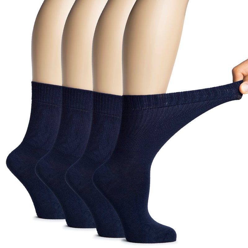 Hugh Ugoli Women's Rayon Diabetic Crew Socks, Thin, Loose Fit, Soft, Wide Stretchy, Seamless Toe, 4 Pairs, Navy Blue, Shoe Size: 6-9 - Image 1